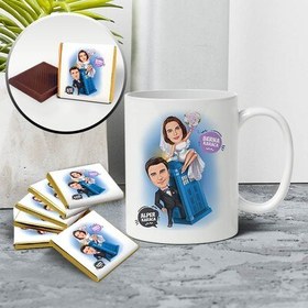 Resim Heyecanlı Balayı Çiftleri Karikatürlü Kupa ve Çikolata 