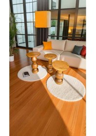 Resim Masif Tik Renk Ahşap Yan Sehpa 3 Lü Yan Sehpa Zigon Seti Kahverengi 