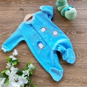 Resim Renkli Puset Kadife Bebek Tulum Penguen Ekru Pembe Mavi 