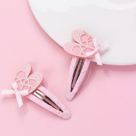Resim 2 adet Pembe Glitter Bale Klipsi - Kalp ve Kurdele Detayları ile Sevimli Ayakkabı Tasarımı, Kumaş Malzeme, Bale, Dans ve Moda Aksesuarları için Uygun, Bale Aksesuarları, Dayanıklı Saç Tokaları 