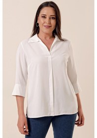 Resim By Saygı Polo Yaka Broşlu Çeyrek Kol Büyük Beden Bluz Beyaz-33476 