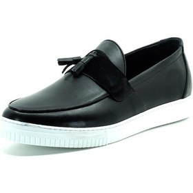 Resim Poyraz-01 Siyah Dana Derisi Büyük Numara Erkek Spor Ayakkabısı Rahat Geniş Kalıp Şık Siyah Deri 