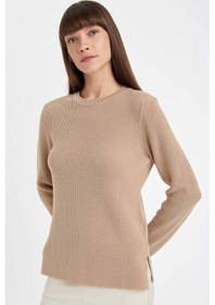 Resim DeFacto Regular Fit Bisiklet Yaka Simli Kumaş Triko Kazak D0405AX24WNBG647 Bej 