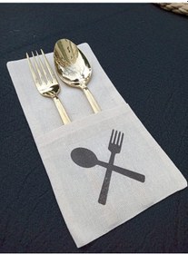 Resim 6 Adet Çatal Kaşık Baskılı Keten Kaşıklık Servis Sunum Bej 