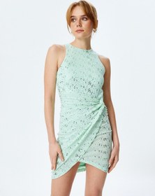 Resim Koton Simli Halter Yaka Kolsuz Bodycon Mini Elbise Yeşil 5sak80041fk Yeşil 