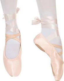 Resim Bale ayakkabısı, pembe bale ayakkabısı, dans ayakkabısı, saten, bantlı, bölünmüş deri taban, çocuklar ve yetişkinler için, beden 25-44 