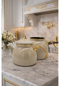 Resim Cookahome Cooka Home Emaye Çaydanlık Takımı Gold Detaylı 1,1 L Demlik + 2,3 L Suluk Bej 
