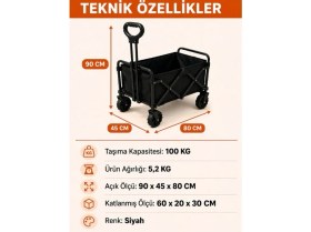 Resim Nacarioçekgit Katlanabilir Taşıma Arabası 100 kg Kapasiteli Siyah Dayanıklı Demir Wagon 