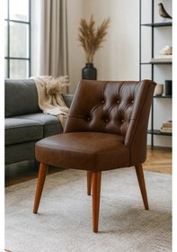 Resim Waterybrook Berjer Sandalye - Kapitoneli Suni Deri - Ceviz Ahşap Ayaklı - Retro Modern Tasarım Acı Kahverengi 