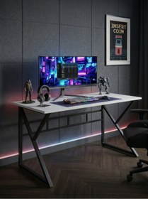 Resim TEKATEL Oyuncu Masası Bilgisayar Masası Ofis masası Metal ayaklı Çalışma Masası Beyaz - Siyah 140X60 