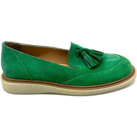 Resim Yeşil Süet Martedi Hakiki Deri Kadın Loafer Ayakkabı Yeşil 