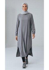 Resim Ece Giyim Kadın Bisiklet Yaka Kol Ağzı Lastikli Cepli Oval Yırtmaçlı Tunik Gri 