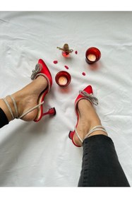 Resim Gamze Shoes Kırmızı Renk Saten Bilekten Bağlama Fiyonk Taşlı 