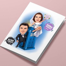Resim Maceracı Gelin ve Damat Karikatürlü Tebrik Kartı 