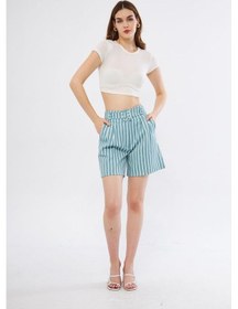 Resim Pasaklı Giyim Kadın Gabardin Kumaş Cepli Kemerli Tokalı Çizgili Kısa Şort 3562210 Mint 