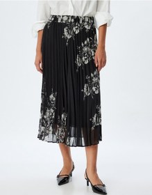 Resim Koton Çiçekli Pileli Etek Midi Boy Standart Bel Astarlı Siyah Desenli 5wak70069uw Siyah Desenli Siyah 