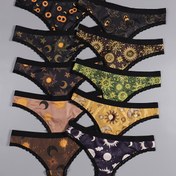 Resim 10 adet Seksi Gotik Kontrast Dantel Tanga - Cadılar Bayramı Kafatasları, Gözler, Ay ve Yıldızlar Tasarımı, Kadınlar için Rahat İnce İç Çamaşırı, Siyah ve Turuncu, İç Çamaşırı ve İç Giyim için Mükemmel, Cadılar Bayramı İç Çamaşırı | Gotik İç Çamaşırı | İnce Dokulu 