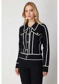 Resim On Kadın Şerit Detaylı Çıtçıt Kapamalı Hırka 69908 Siyah Siyah 