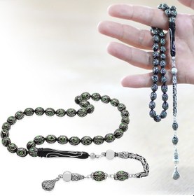 Resim 925 Ayar Gümüş Kral Zincir Püsküllü Gümüş-mine İşlemeli Arpa Kesim Erzurum Oltu Taşı Tesbih Siyah - Yeşil 
