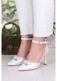 Resim Fort 35695 Saten Fiyonklu Biye Taşlı Topuklu Abiye Ayakkabı Kadın Ayakkabı Sedef 