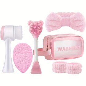 Resim 6'sı 1 Arada Yüz Temizleme Bakım Seti - Derinlemesine Temizlik, Yumuşak Kadife Bandana İçeren Güzellik Spa Maske Fırçası Kiti, Nazik Peeling Fırça, İnce Silikon Temizleme Fırçası, Taşınabilir Cilt Bakımı Aleti ile Çamaşır Torbası, Kadınlar için Uygun, Anneler Günü'nde Anne için Mükemmel Hediye 