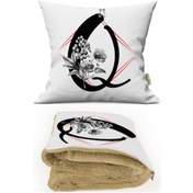 Resim Q HARFİ Baskılı Kişiye Özel Opsiyonel Battaniyeli Yastık Kırlent 2 in 1 