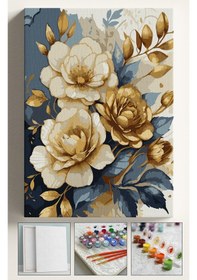 Resim Sayılarla Boyama Seti Numaralı Tuval Fırça Boya Çiçek Gold 40x50 Cm 