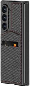 Resim Elfia Samsung Galaxy Z Fold 6 Karbon Fiber Kartlıklı Dik Açılan Standlı Kılıf, Siyah 