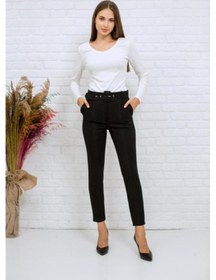 Resim Bluence Beli Kemerli Siyah Dar Paça Pantolon Siyah 