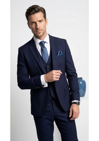 Resim Erkek 3 Parça Slim Fit Takım Elbise Klasik Likralı Kumaş, Tek Düğme, Çift Yırtmaçlı Modern Kesim Ceket Yelek Pantolon Lacivert 