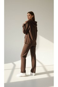 Resim Moda Banuş Kapüşonlu Modal Kumaş Boru Paça Kahverengi Oversize Eşofman Takımı 