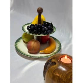 Resim Aless 2 Katlı Yeşil Detaylı Yuvarlak Ahşap Kulplu Seramik Sunumluk Çerezlik Meyvelik 