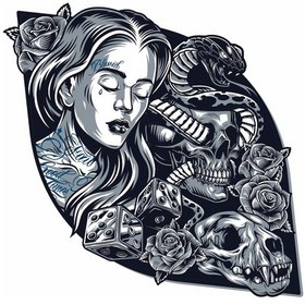 Resim Kurukafa Kadın Gül Tattoo Sticker 01986 