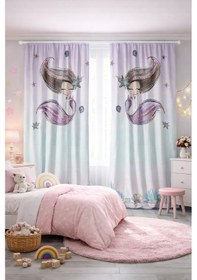 Resim Kız Çocuk Odası Çift Kanatlı Fon Perde Deniz Kızı Desenli 