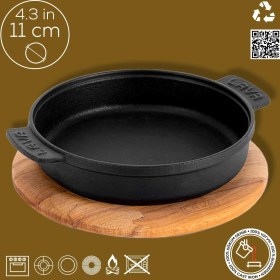 Resim Lava Döküm Yuvarlak Güveç Kabı Döküm Demir Yekpare Çift Kulplu Kayın Servis Ahşabı Çap(Ø)11cm. 