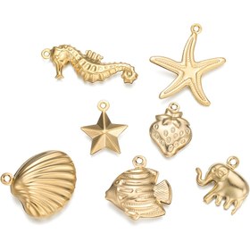 Resim 10 Adet Altın Paslanmaz Çelik Charm Seti - Takı Yapımı İçin Çeşitli Okyanus Temalı Pandantifler, Yıldız Balığı, Deniz Atı, Kabuk, Yıldız, Fil, Çilek, Balık Şekilleri Dahil 