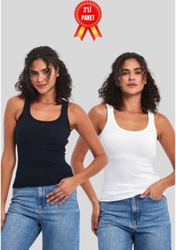 Resim Comeor Kadın Siyah-beyaz Fitilli Görünümlü Askılı Kalın 2'li Basic Atlet Bluz Cmrb92 001 