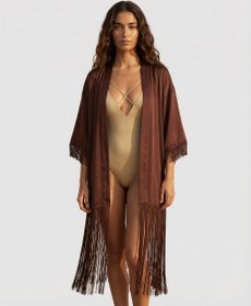 Resim Auréline Kahverengi Saten İpek Püsküllü Kimono - M/L 