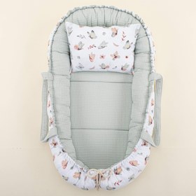 Resim Babynest ve Yastık - Çift Taraflı - Açık Yeşil Petek - Yeşil Kelebekler 
