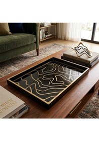 Resim Modern Soyut Desenli Siyah-gold Çerceveli Dekoratif Sunum Tepsisi 