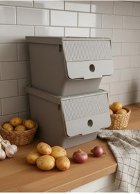 Resim Vizon 2'li 13,5 Lt Modubox Kayar Kapaklı Saklama Kabı & Patates Soğan Kovası & Erzak Kutusu Kahverengi 