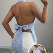 Resim Kadınların Seksi Çizgili Kolsuz Askılı Boyun Üstü, Ön Detaylı Bağlı - Açık Mavi, Uzun Kollu, Göğüs Pedli Yok, Yazlık Rahat Giyim, Rahat Yazlık Üst|Çizgili Desenli Üst|Poliester Kumaş 