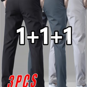 Resim 3 Adet Erkek Hafif Düz Paça İş Pantolonu - Esnek Olmayan Kumaş, Ayarlanabilir Bel İpi, Yan Cepli - Ofis, Resmi Etkinlikler, Günlük Giyim - Siyah/Gri/Kömür Rengi - Tüm Mevsimler İçin Profesyonel ve Günlük Kullanım, Pürüzsüz Dokulu Pantolon 