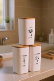 Resim Luvo Beyaz - 3'lü Kare Ahşap Vakum Kapaklı Banyo Düzenleyici Plastik Banyo Seti Etiketli Organizer Beyaz 