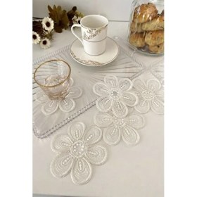 Resim Emtory Home Santiago Model Krem Renkli 6 Adet Fincan Yanı Sunum Peçetesi Dantel Nakışlı 