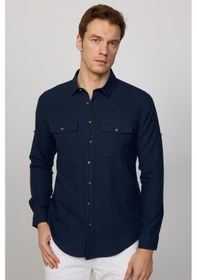 Resim Tudors Erkek Slim Fit Dar Kesim Uzun Kollu %100 Pamuk Keten Doku Çift Cep Spor Yaka Lacivert Gömlek-29634 Lacivert 