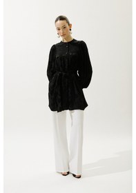 Resim Manuka Jakarlı Saten Gömlek Siyah Siyah 