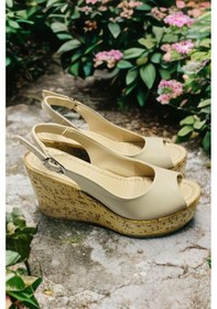 Resim Kadın Mantara Krem Cilt 10 Cm Dolgu Topuklu Mantar Taban Önü Arkası Acık Ayakkabı Krem Cilt 