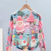 Resim Noel Kız Çocuk Kazak - Sevimli Noel Baba & Geyik Baskılı, Yumuşak Esnek Örme Kazak, Fırfırlı Manşetli, Kız Çocukları için Rahat Kışlık Kazak, Noel için Mükemmel Hediye, Noel Kazak, Şenlikli Çocuk Giyim, Eğlenceli Çocuk Tasarımı, Orta Esneklik 