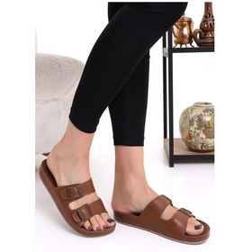 Resim Mlx 10651 Çift Toka Kadın Terlik Comfort Anatomik Kadın Ev Dışarı Terliği - Taba 